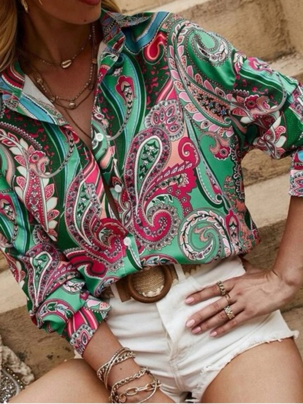Green Paisley Button-Down Blouse